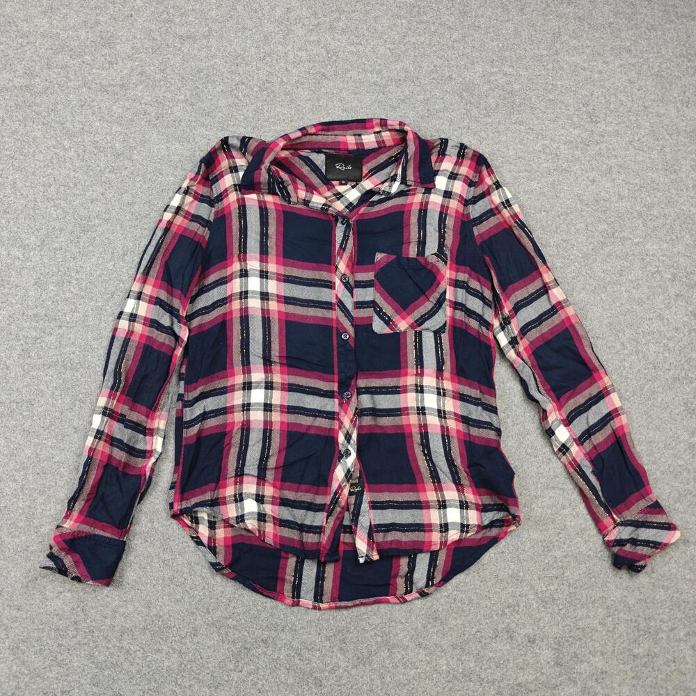 Rails Button-Up Womens XS Fuschia Pink Navy Plaid Rayon Lightweight